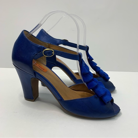Miz Mooz Shoes - Miz Mooz Cobalt Blue Sailor Leather Fabric Ruffle Open Toe 3.5 Inch Heels Size 8